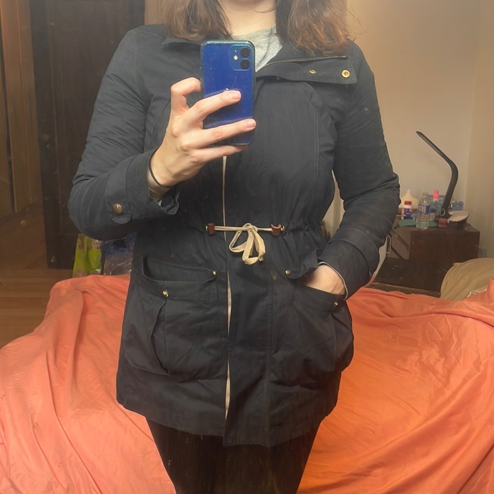 ZARA Navy Blue Hooded Jacket with Cinch Waist